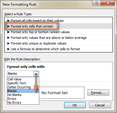 Create a conditional formatting rule for blank cells.