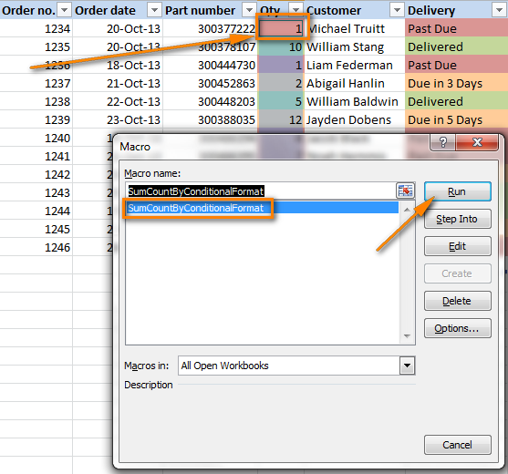 Running a macro to count and sum cells colored using conditional formatting